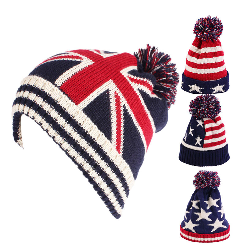 New Winter USA UK Flag Pattern Elastic Knitted Beanie Slouch Hat Unisex Thick Warm Headgear Casual Fashion Woolen Hat
