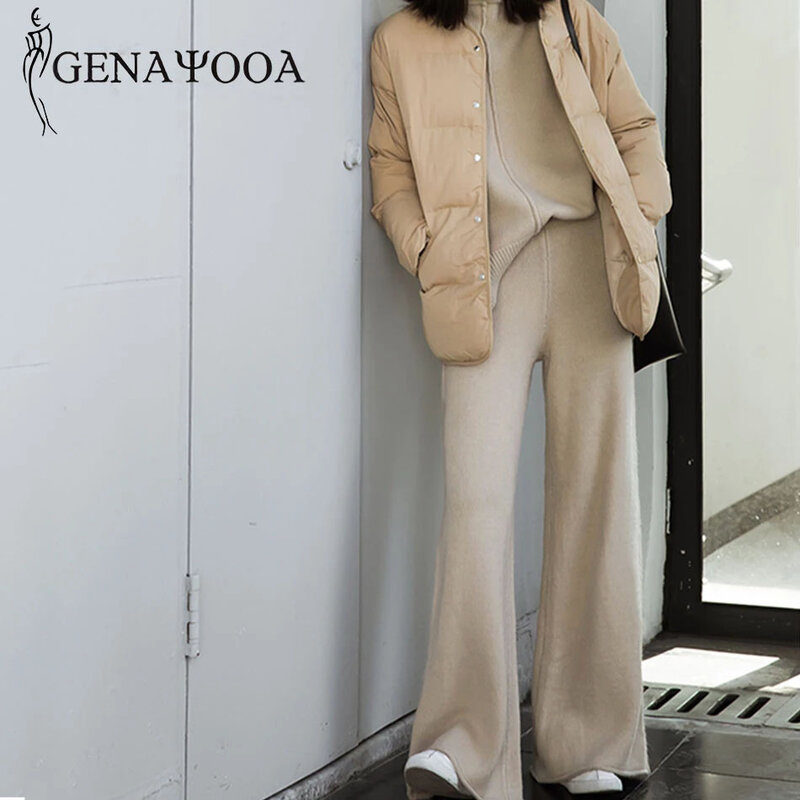 Genayooa-Conjunto de dos piezas para mujer, Jersey, chándal de punto de cintura alta, pantalones de pierna ancha, traje de 2 piezas, invierno, 2021