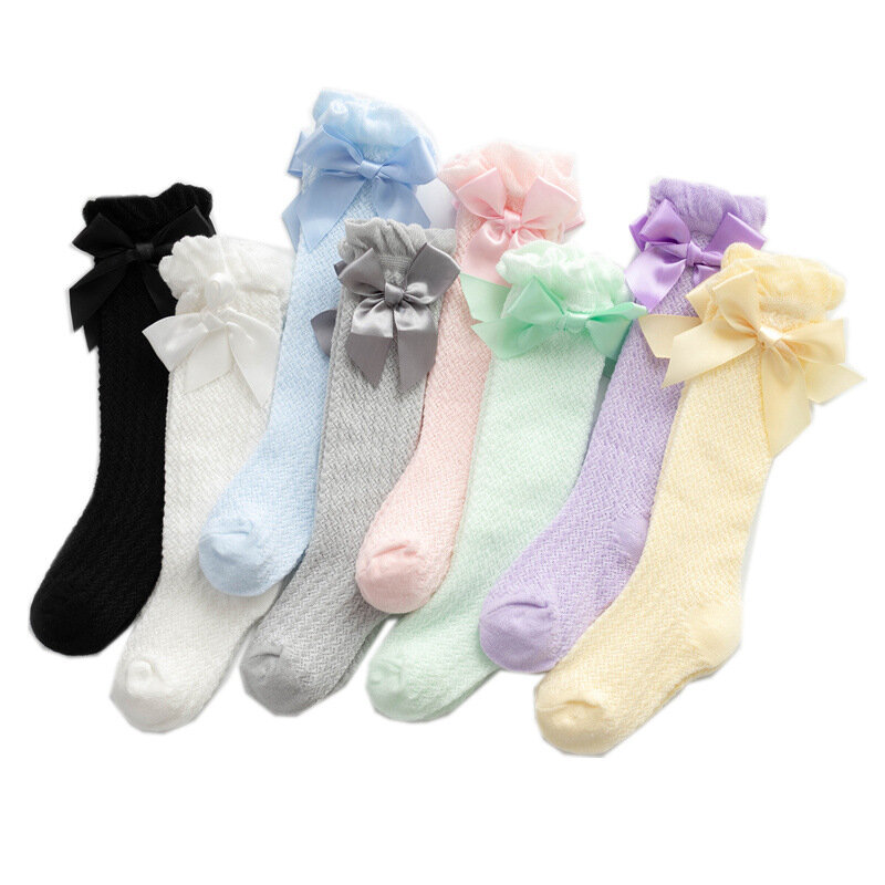 Chaussettes d'été pour bébés filles, chaussettes en maille avec nœud, pour noël, hiver, en coton éponge, princesse, hautes aux genoux