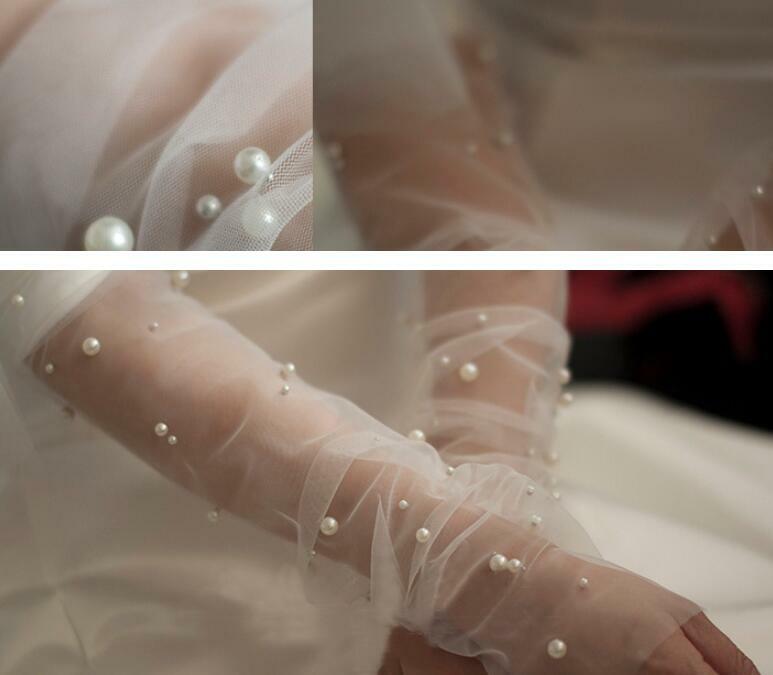 Opera długi tiul kobiety rękawiczki ślubne bez palców perły ozdobiony paciorkami ślubny Party prezenty prawdziwe próbki białe rękawiczki ślubne