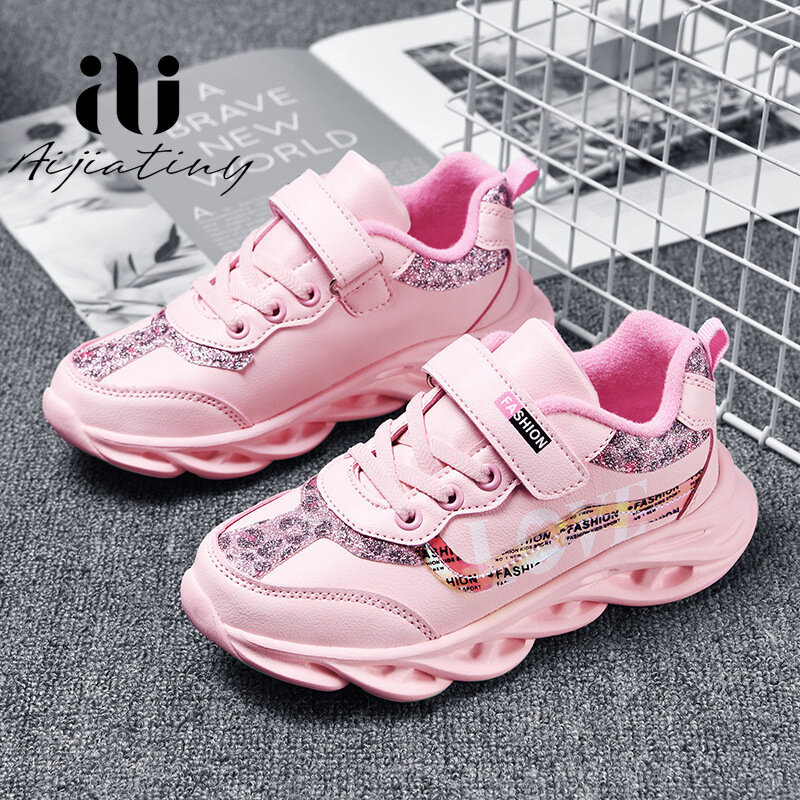 2020 outono Crianças Sapatos de desporto Para Meninas Sapatilhas Estudantes Crianças Sapatos de couro Respirável Tênis da moda Meninas rosa cor