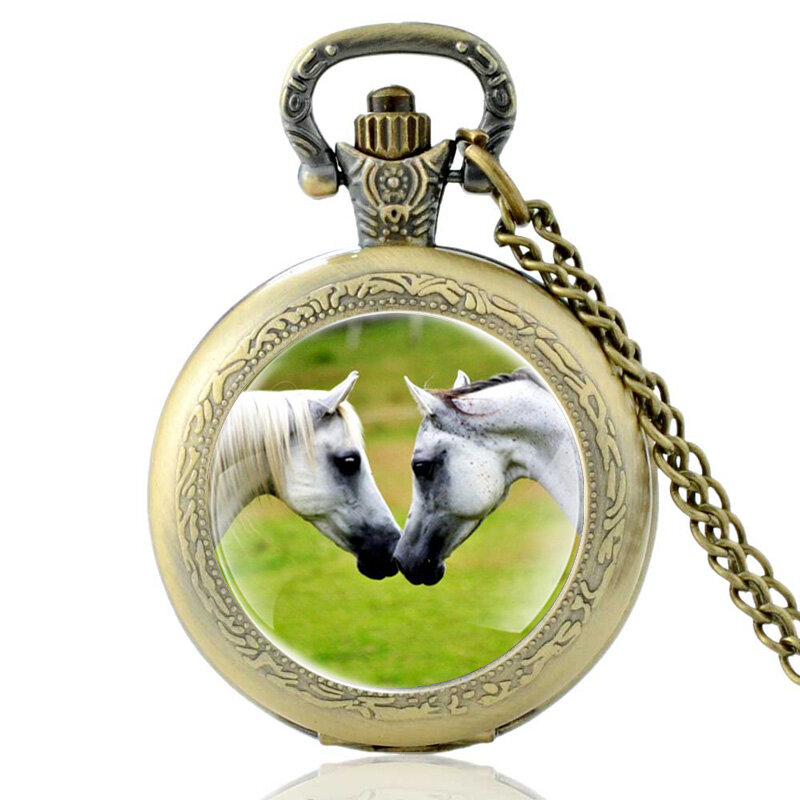 ساعة جيب كوارتز بتصميم حصان للزوجين ، برونز عتيق ، قلادة ، مجوهرات ، هدايا
