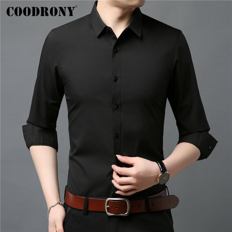 Coodrony camisa de manga comprida roupas masculinas primavera outono cor pura algodão camisas dos homens negócios casual masculino social c6020