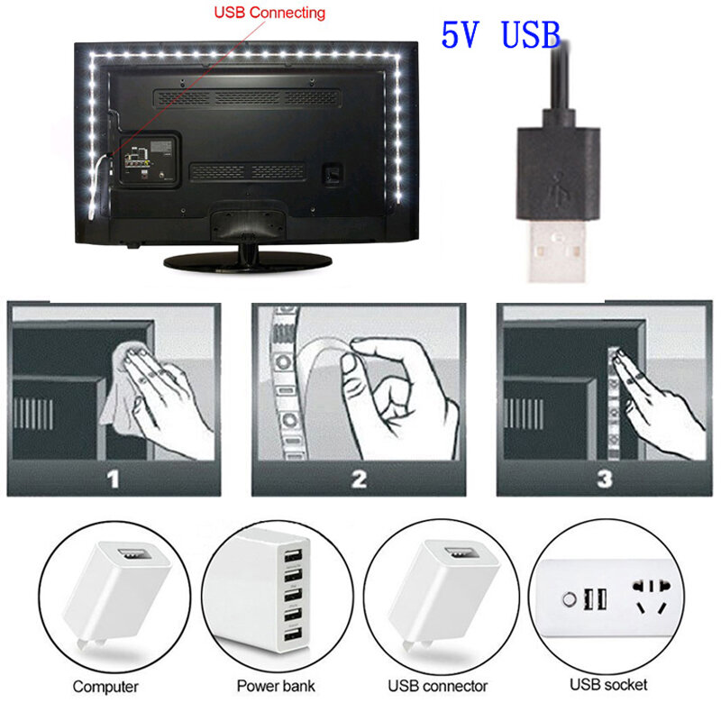Светодиодная лента с USB, 5 В, для ТВ, ПК, SMD 2835, 60 светодиодов/м, 0,5 м, 1 м, 2 м, 3 м, 4 м, 5 м