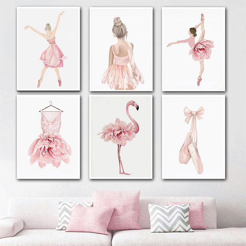 Ballet Dance Skirt Shoes Flamingo Watercolor Wall Art Canvas Painting Nordic Posters And Prints Pictures Big girl Room Decor