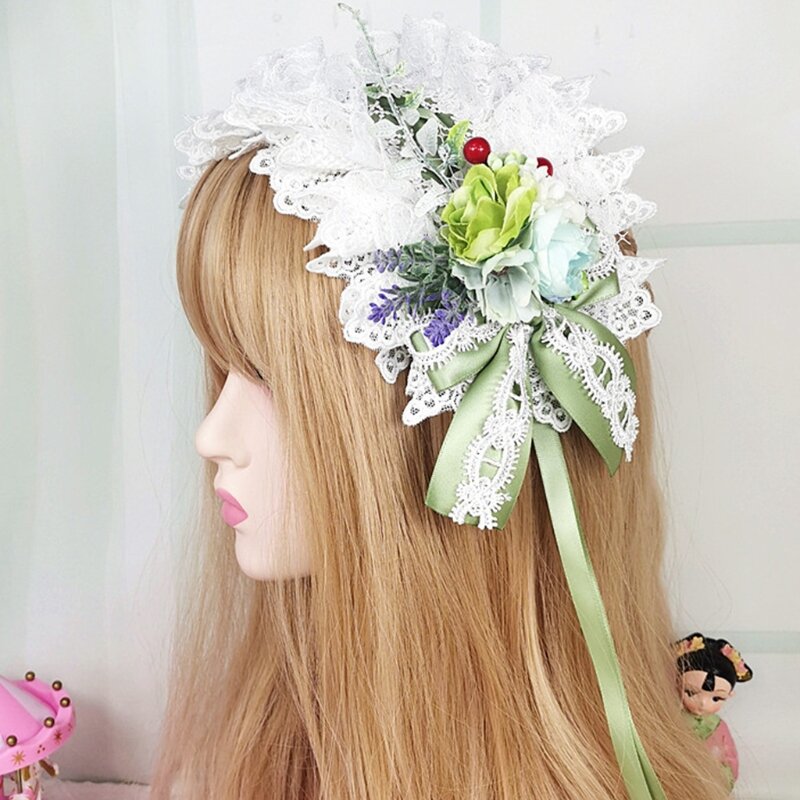 Lolita Pastoral Headband ประดิษฐ์ดอกไม้ Ruffled Lace Bowknot ริบบิ้น L41B