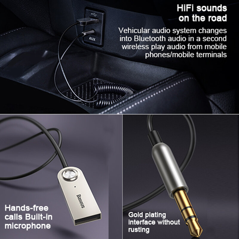 Baseus Kabel Audio Mobil Bluetooth 5.0 Pemancar Penerima Nirkabel Mobil AUX 3.5Mm Jack Adaptor Bluetooth Kabel Audio Adaptor