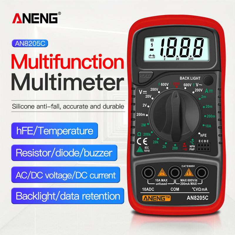 ANENG – multimètre numérique AN8205C, ampèremètre AC/DC, Volt Ohm, testeur multimètre avec rétroéclairage LCD, Portable