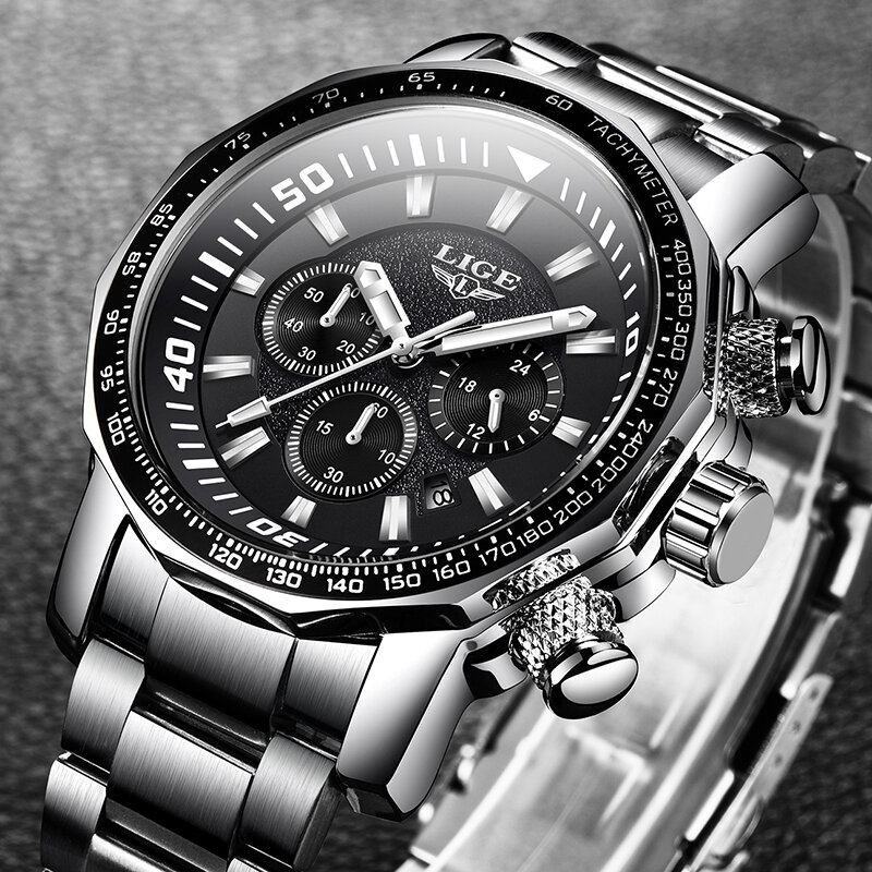นาฬิกา Lige บุรุษแบรนด์หรูทหารกีฬาผู้ชายนาฬิกาสเตนเลสกันน้ำนาฬิกาควอตซ์นาฬิกา Relogio Masculino + กล่อง