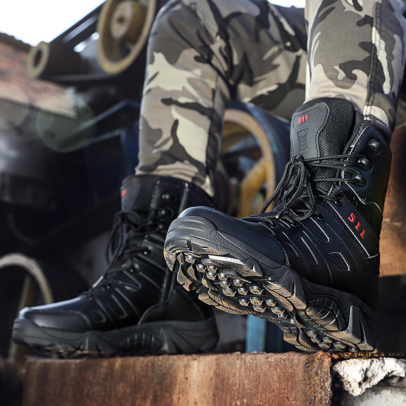 Sepatu Bot Militer Pria Baru Sepatu Hiking Luar Ruangan Atas Tinggi Sepatu Bot Taktis Tentara Kualitas Antitabrakan Pria