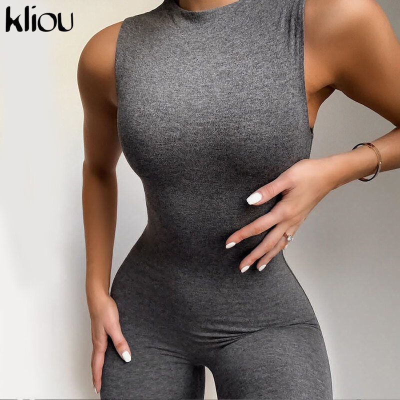 Kliou new jumpsuit women elastic hight casual fitness sporty rompers sleeveless zipper activewear skinny summer outfit