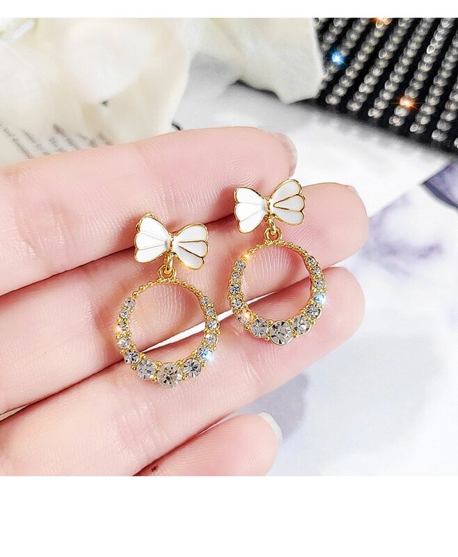 S925 Silver Needle Fashion Korean Small Bowknot Circle New Net Red Temperament All-match Simple Earrings Jewelry Wholesale