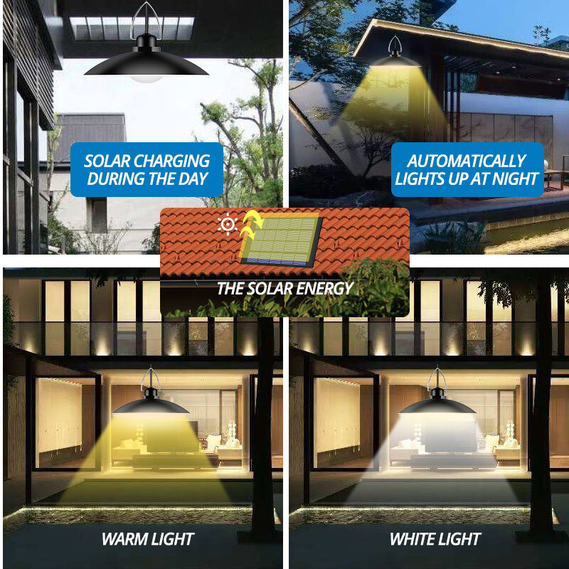 Potente lámpara colgante Solar de cuatro cabezales para interior y exterior, iluminación blanca/blanca cálida para acampada, jardín y patio
