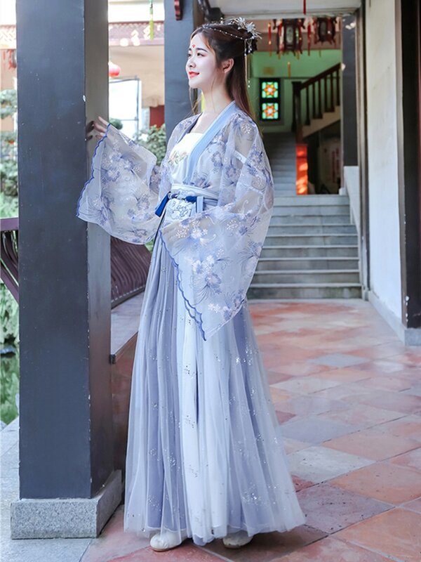 Kostum Tari Klasik Biru Wanita Hanfu Bordir Cina Pakaian Festival Gaun Peri Pakaian Tradisional Hanfu Cosplay Rave