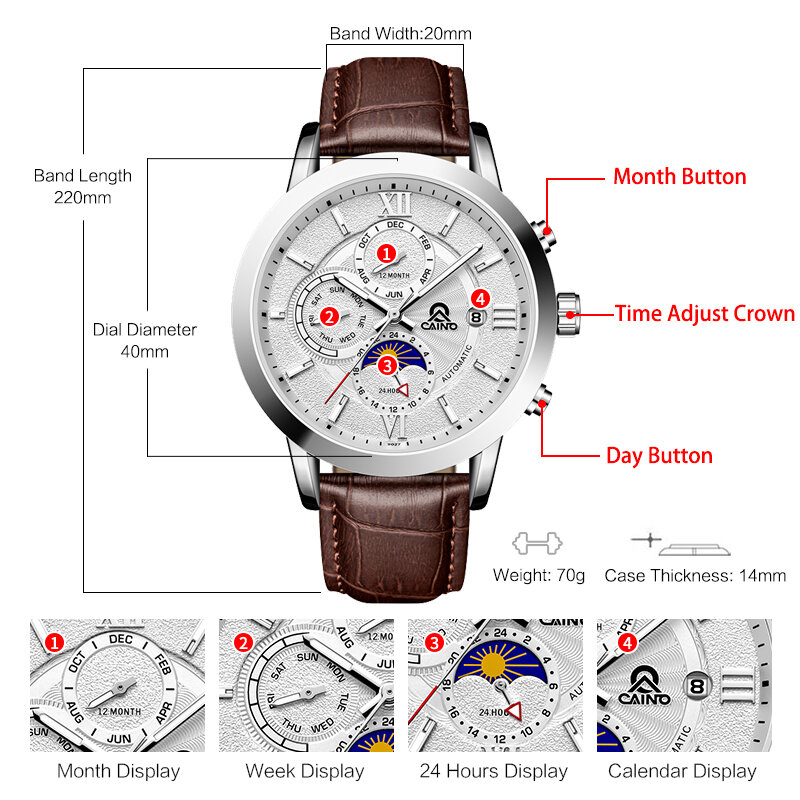 New 2020 Fashion Gentleman Automatic Mechanical Watch Multifunction Moon Phase Date Month Men Business Watches Waterproof Clock