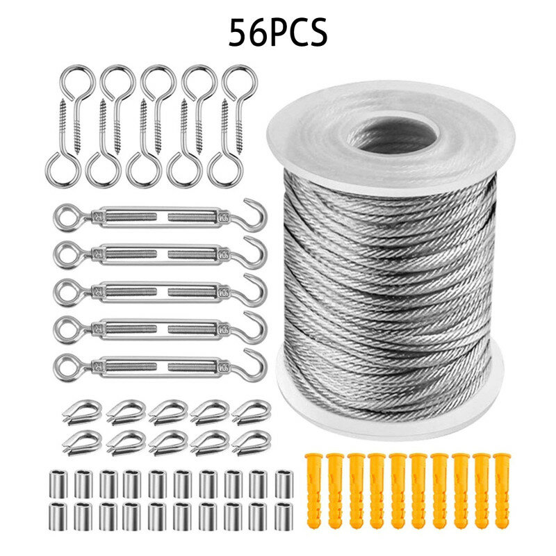 56pcs/set 30m Stainless Steel Retractable Clothesline Flexible  String Lights Hanging Wire Rope Mountaineering Tightener Kit