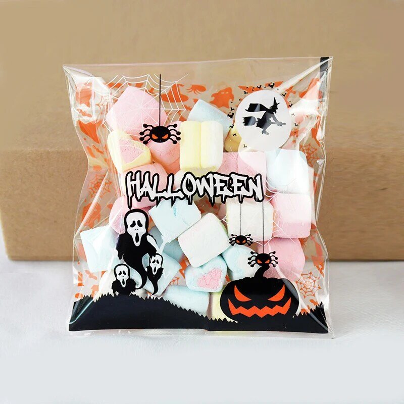 10*10cm Transparent Plastic Candy Bag Halloween Treat Bag Cookie Gift Biscuits Packaging Halloween Birthday Party Decor Supplies