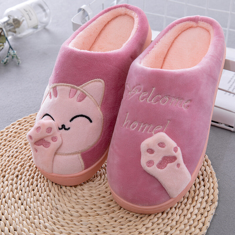 Zapatillas de casa de felpa con dibujos animados de gato para mujer, zapatillas femeninas cálidas para el hogar, con suela de goma antideslizante, zapatillas de invierno para interior