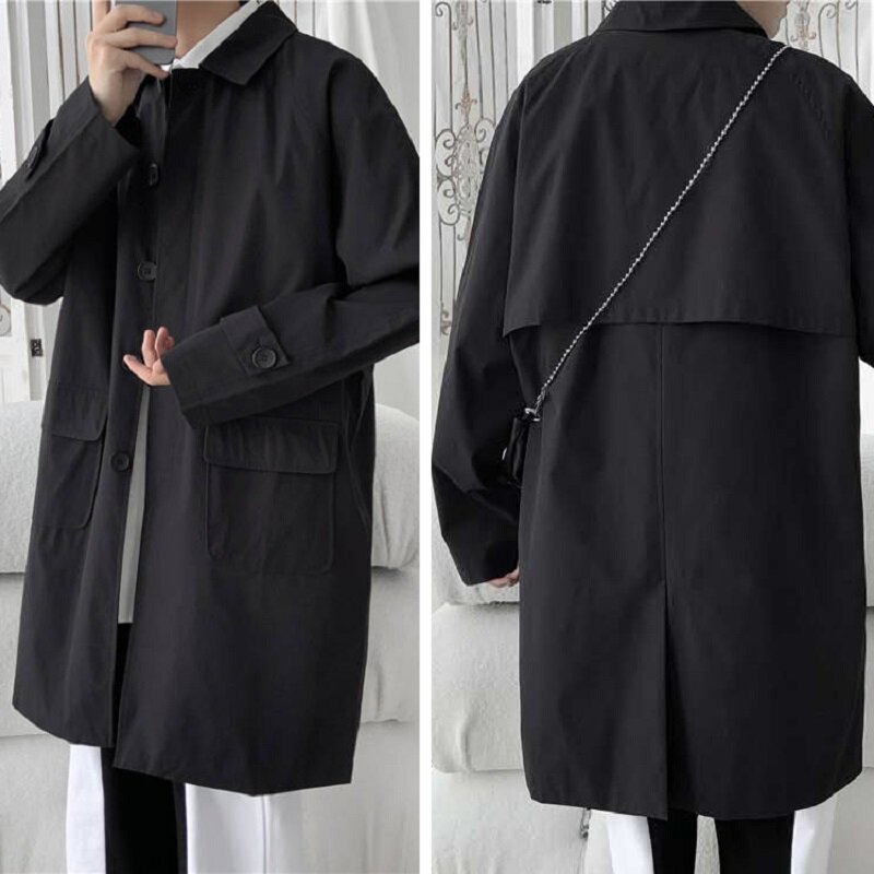 Trench mantello stile coreano uomo Casual solido autunno nuova moda sciolto cappotto lungo maschile High Street giacca a vento Trench