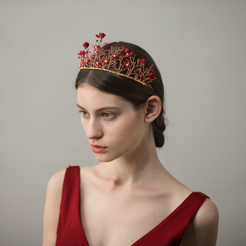 Corona floral de tela roja para novia, tiara elegante hecha a mano para boda, corona de Princesa Real, O399