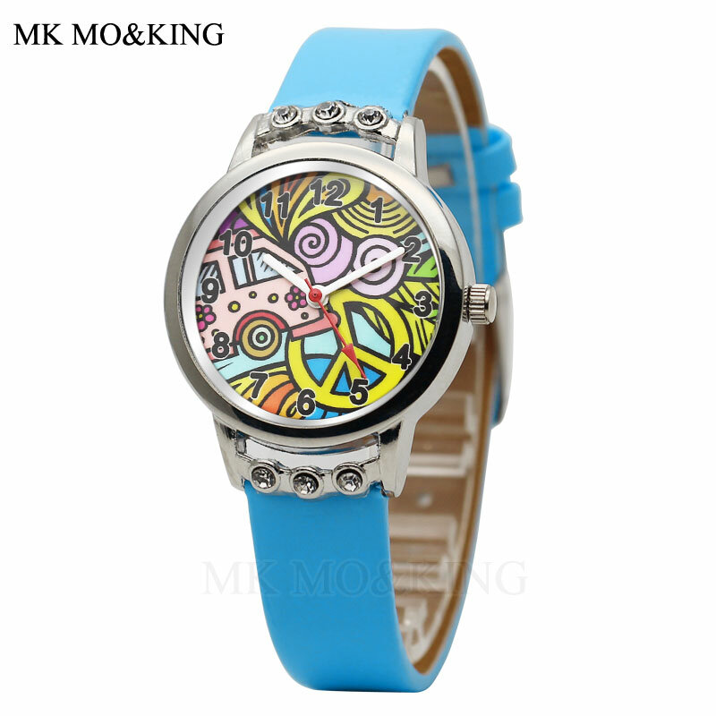 Reloj de cuero de cuarzo para niños y niñas, cronógrafo con diseño de grafiti de dibujos animados, esfera de diamante a la moda, gran oferta