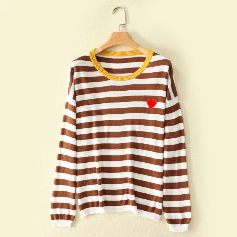 (with eyes)Women pure cotton Sweater  Heart O-Neck Pullover  stripe with heart Embroidery Long Sleeve  Knitwear Top