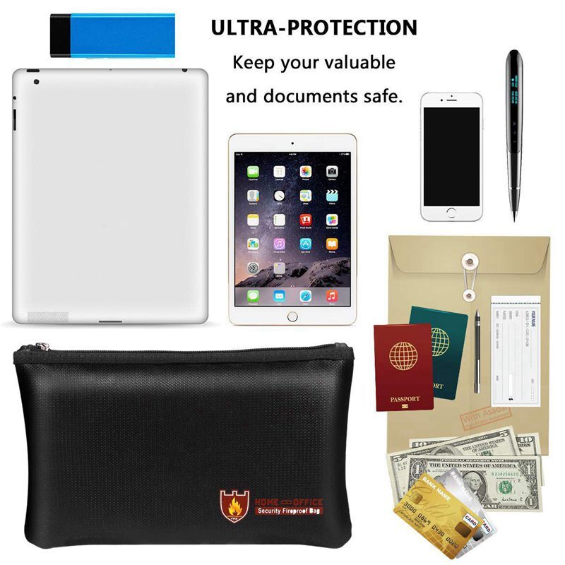Fireproof Money Safe Document Bag. NON-ITCHY Silicone Coated Fire & Water Resistant Safe Cash Bag. Fireproof Safe Storage for Fi