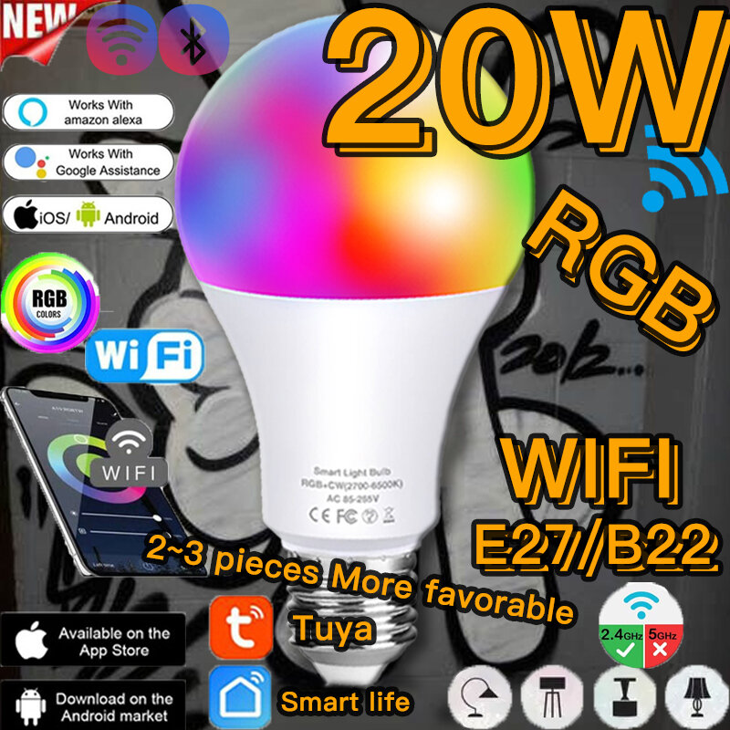 RGB 20W E27 B22 전구 스마트 라이트 WIFI/IR 원격 제어 램프 LED 밝기 조절 다채로운 변경 야간 조명 Alexa 앱