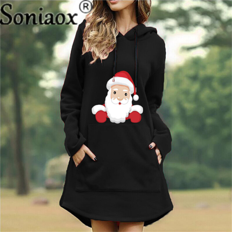 Vestido de Sudadera con capucha para fiesta de Navidad, ropa informal con estampado de moda, manga larga y bolsillo, otoño e invierno, 2021