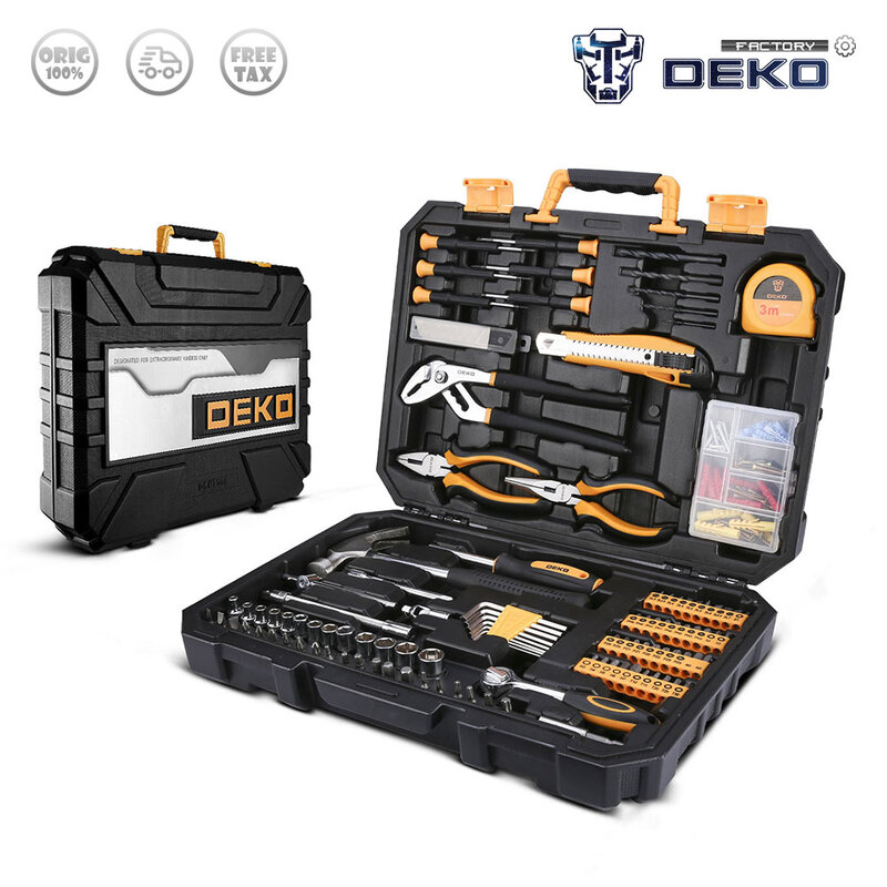 DEKO-Juego de herramientas de reparación de automóviles profesional, llave de trinquete automático, destornillador, Kit de herramientas para mecánicos con caja de moldeado por soplado, 196 Uds.