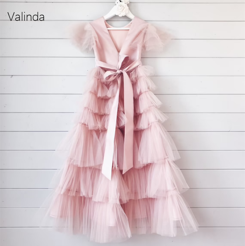 Gaun Kontes Gadis Berjenjang A-line dengan Gaun Pesta Ulang Tahun Acara Formal Panjang Selempang