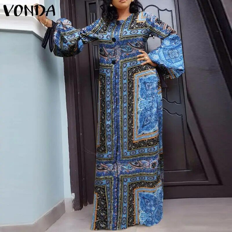 VONDA-Vestido largo Vintage para mujer, vestido playero informal de manga larga con botones, estampado, talla grande, 2023