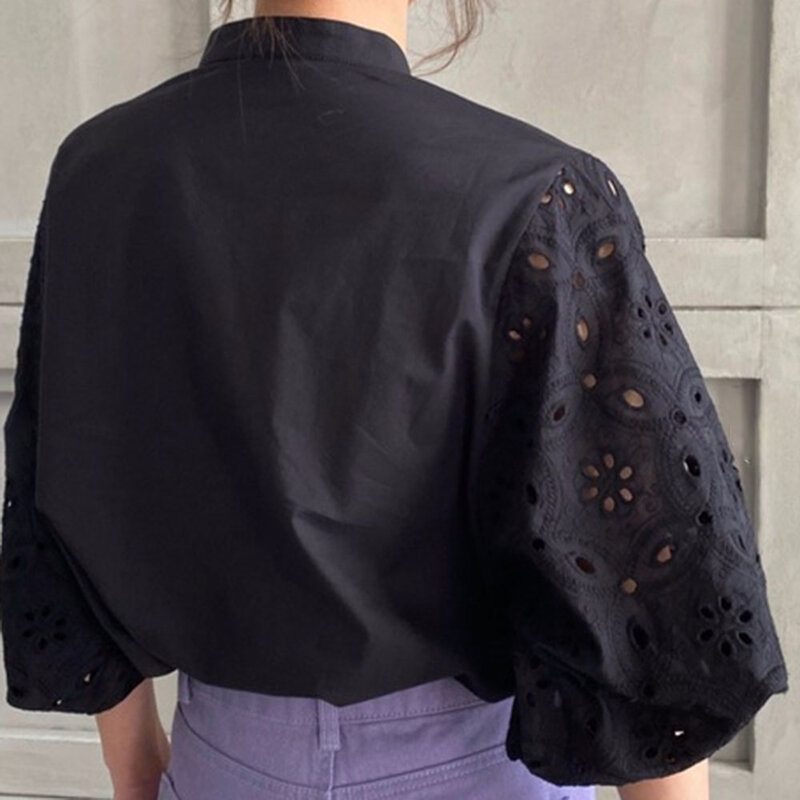 Женская блузка в японском стиле, повседневная однотонная Свободная блузка с рукавами-фонариками и воротником-стойкой, лето 2021