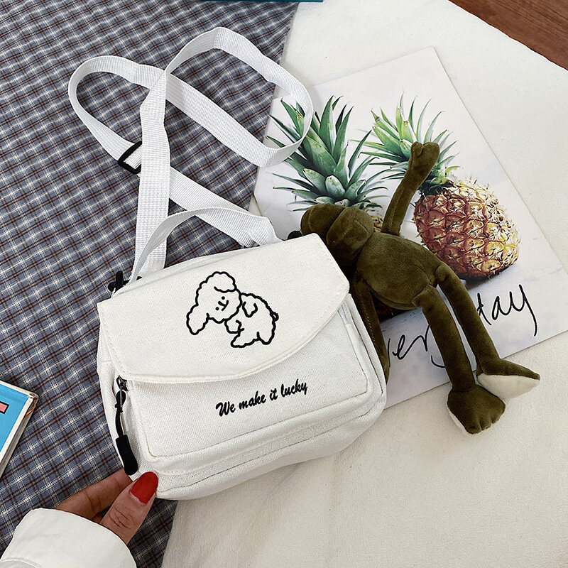 한국판 다기능 귀여운 강아지 원 숄더 대각선 모바일 패키지, 여성 패션 캔버스 작은 사각형 가방