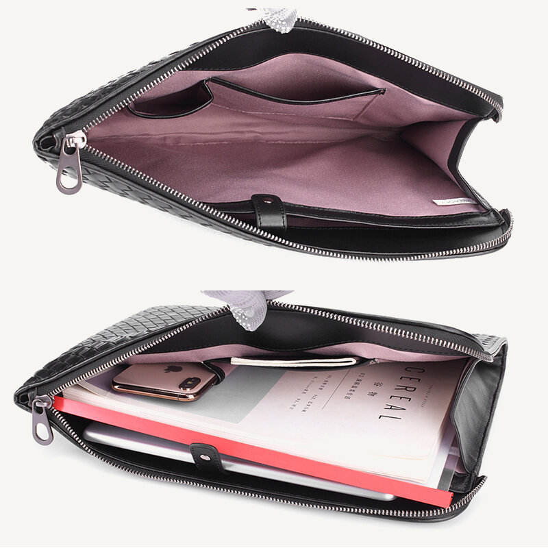 Homens de negócios Clutch Bag 100% Couro Genuíno Pele De Carneiro Tecido Luxo Marca Envelope Bag Multi-Função Grande Capacidade A4 Papel