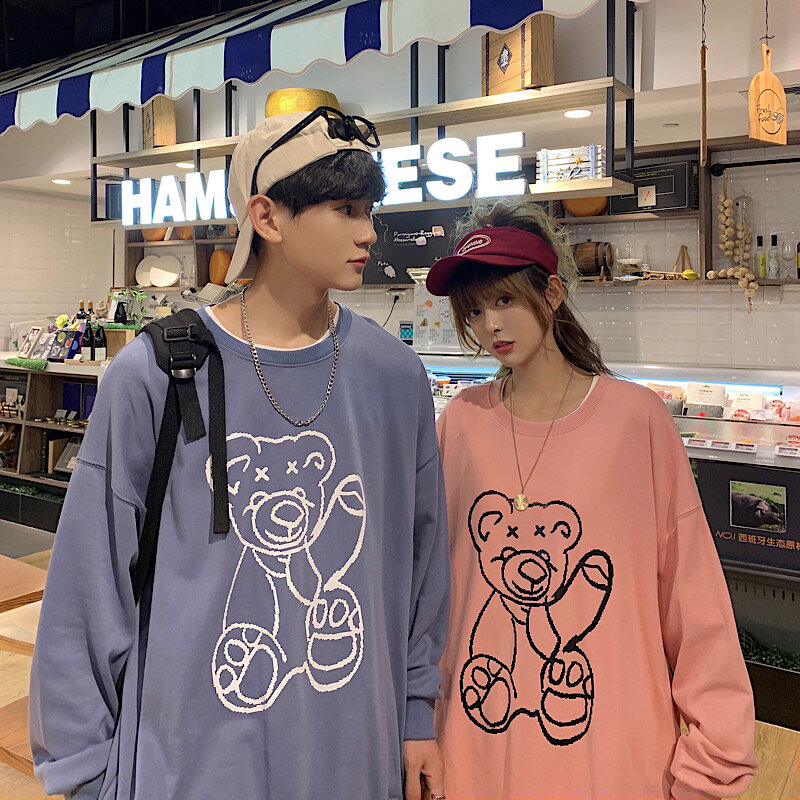 Koreański nowy słodki miś kobiety bluzy bluza luźna odzież uliczna topy Retro Kawaii O-neck Casual nowy Harajuku odzież dla pary y2k