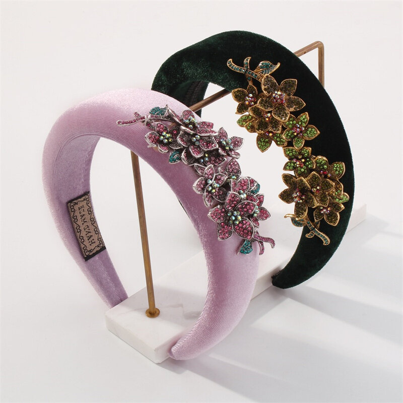 Purple Dark Green Flower Thick Sponge Flannel Velvet Padded Rhinestone Headdress Tiaras For Hair Bride Accessories Headband 2021