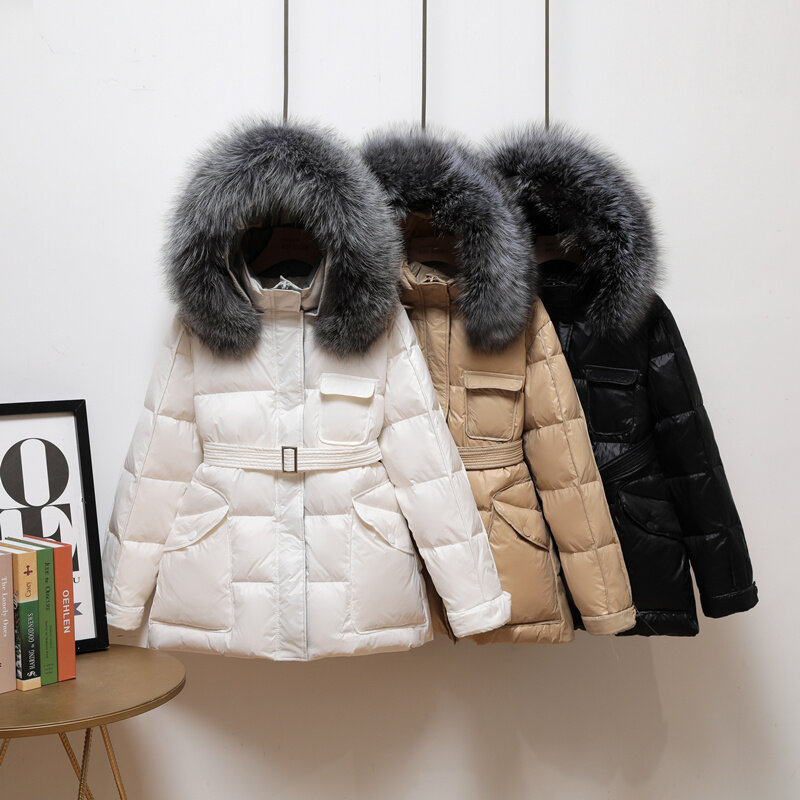 2023 Winter 90% White Duck Down Coat Women Large Natural Fox Fur Hooded Warm Jacket Sash Tie Up Parkas Snow Outwear