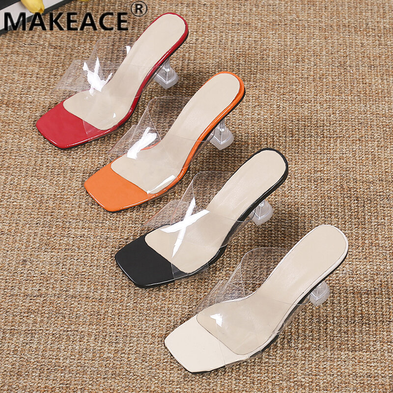 Summer Ladies' High Heel Slippers Outdoor Open-toe Sandals 36-43 Large Size Transparent Shoes Beach Party Banquet Shoes