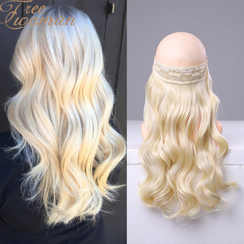 FREEWOMAN Blonde Invisible Wire No Clips In Fish Line Secret Women Hair Extensions Long Wavy Heat Resistant Synthetic Hairpiece
