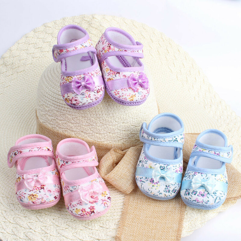 Zapatos florales para bebé recién nacido, zapatillas informales antideslizantes con estampado de lazo, suela suave, zapatos de princesa para primeros zapatos de andar