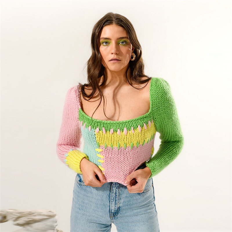 Suéter de manga larga con costuras de Color para mujer, Jersey corto informal, Jersey Irregular, Top de viento dulce y picante, nuevo estilo