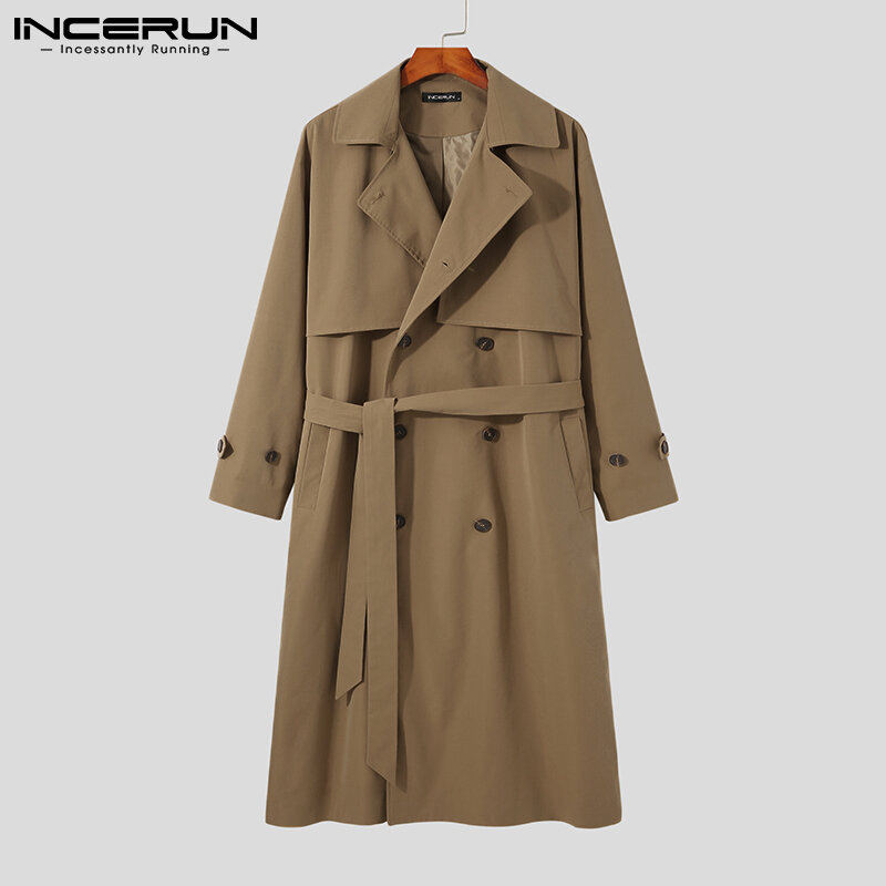Stylish New Men Solid Color Well Fitting Trench Comeforable Male Long Over-the-knee Lapel Coat Overcoat S-5XL INCERUN Tops 2021