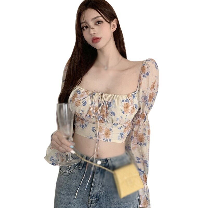 Efinny blusa curta floral feminina, blusa curta moderna coreana de manga comprida com estampa floral de alças no peito