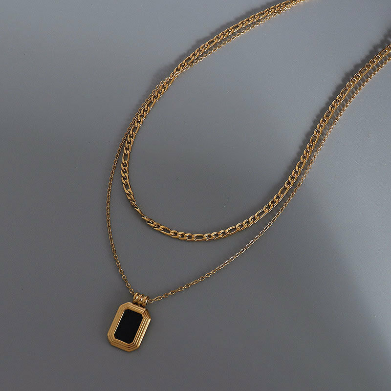 Kalung Berlapis Emas Persegi Hitam Baja Tahan Karat Lapisan Ganda untuk Wanita Bohemian 2021 Tren Aksesori Perhiasan
