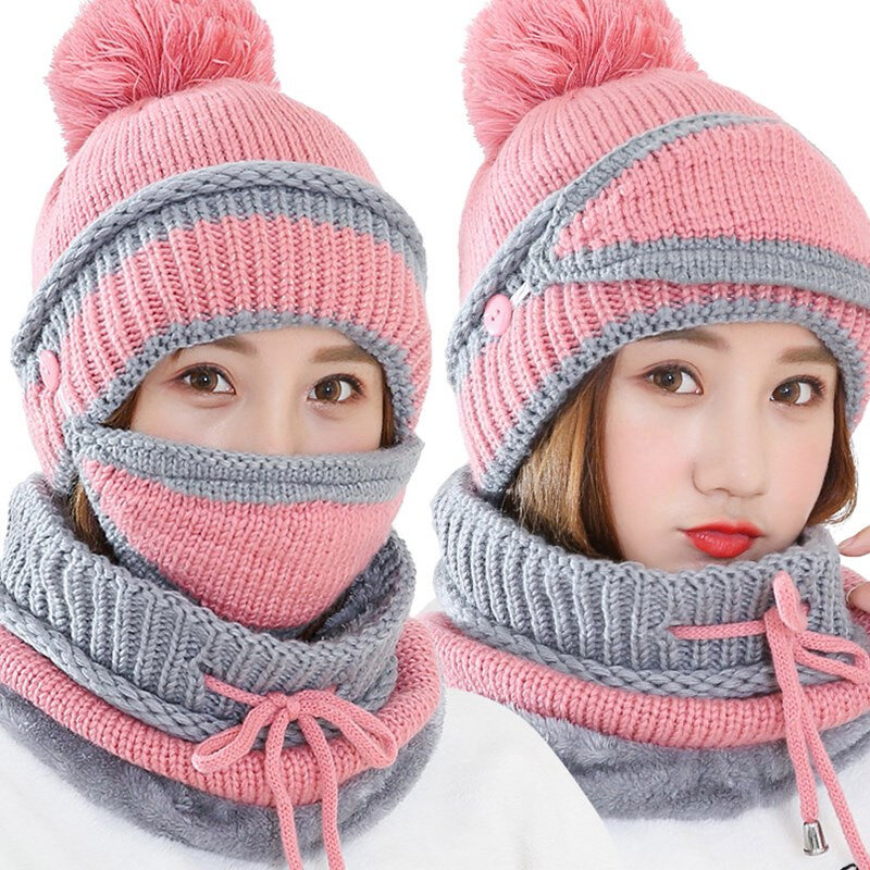 Women's Winter Hat Mask Bib 3 Piece Set Velvet Thick Knitted Hat Warm Ear Protection Mixed Color Woolen Hat for Women Caps