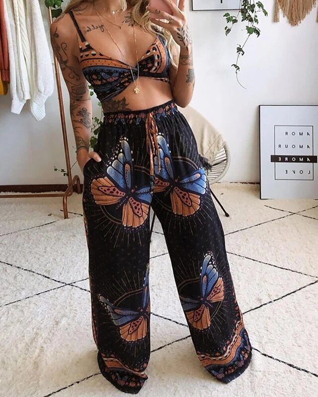 Two Piece Set Women Clothes For Ladies Outfits Ruffle Trim Women Two Pieces Set Butterfly Graphic Print Crop Top & Wide Leg Pant