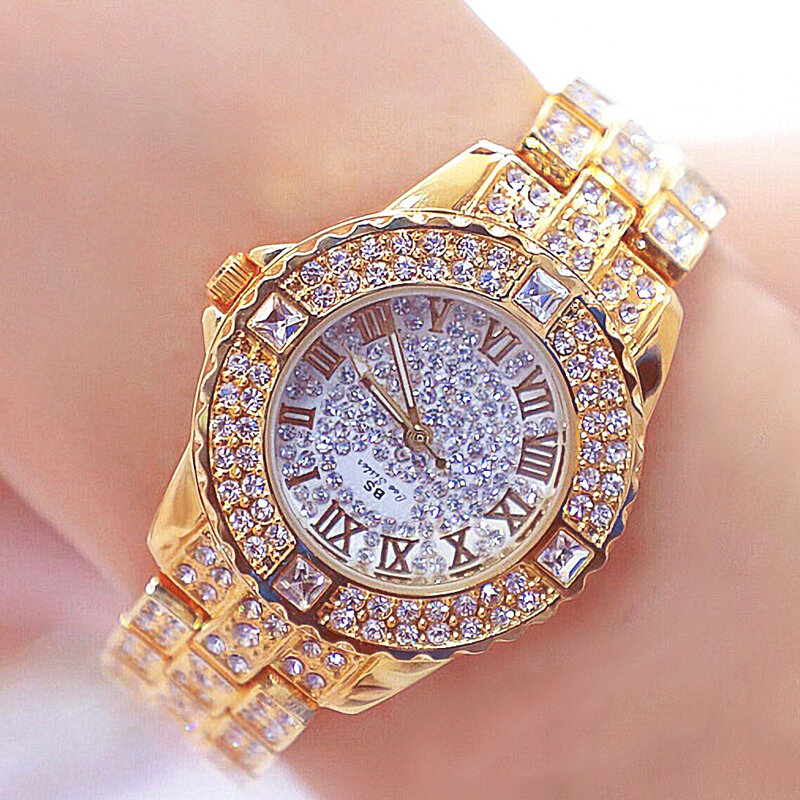 Złote zegarki dla kobiet zegarek kwarcowy ze stali nierdzewnej damski zegarek kwarcowy bransoletka z diamentami zegarek damski prezent Relogio Feminino