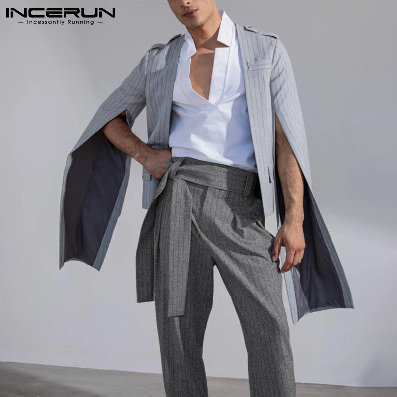 Celana Panjang Pinggang Tinggi Pantalon Modis Pria Baru Pakaian Luar Ruangan Bergaris Celana Bertali Longgar Streetwear Kasual S-5XL INCERUN 2021