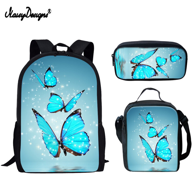 Noisydesigns azul borboleta impressão mochila para adolescente menino meninas saco de escola conjunto estudante bookbag crianças mochila daypack